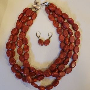 Coral colored polished stone necklace/earring set